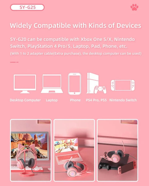 SYTO- G25 - Pink Cat Ears Headphones
