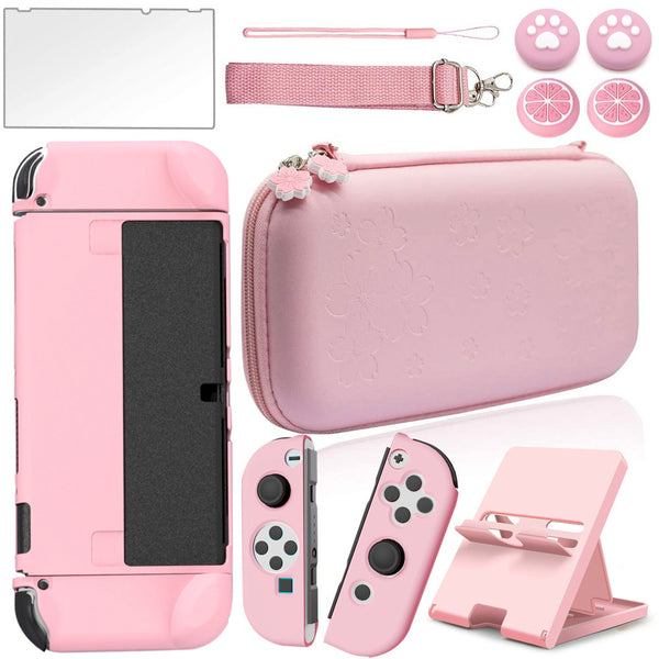 Full Set para Nintendo Switch y OLED ((Bolsa de almacenamiento, soporte, correas, funda protectora)  - Sakura Switch