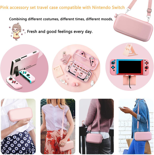 Full Set para Nintendo Switch y OLED ((Bolsa de almacenamiento, soporte, correas, funda protectora)  - Sakura Switch