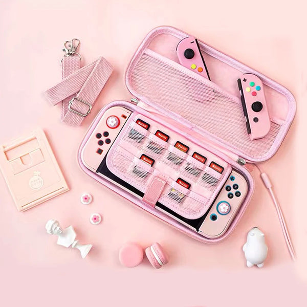 Full Set para Nintendo Switch y OLED ((Bolsa de almacenamiento, soporte, correas, funda protectora)  - Sakura Switch